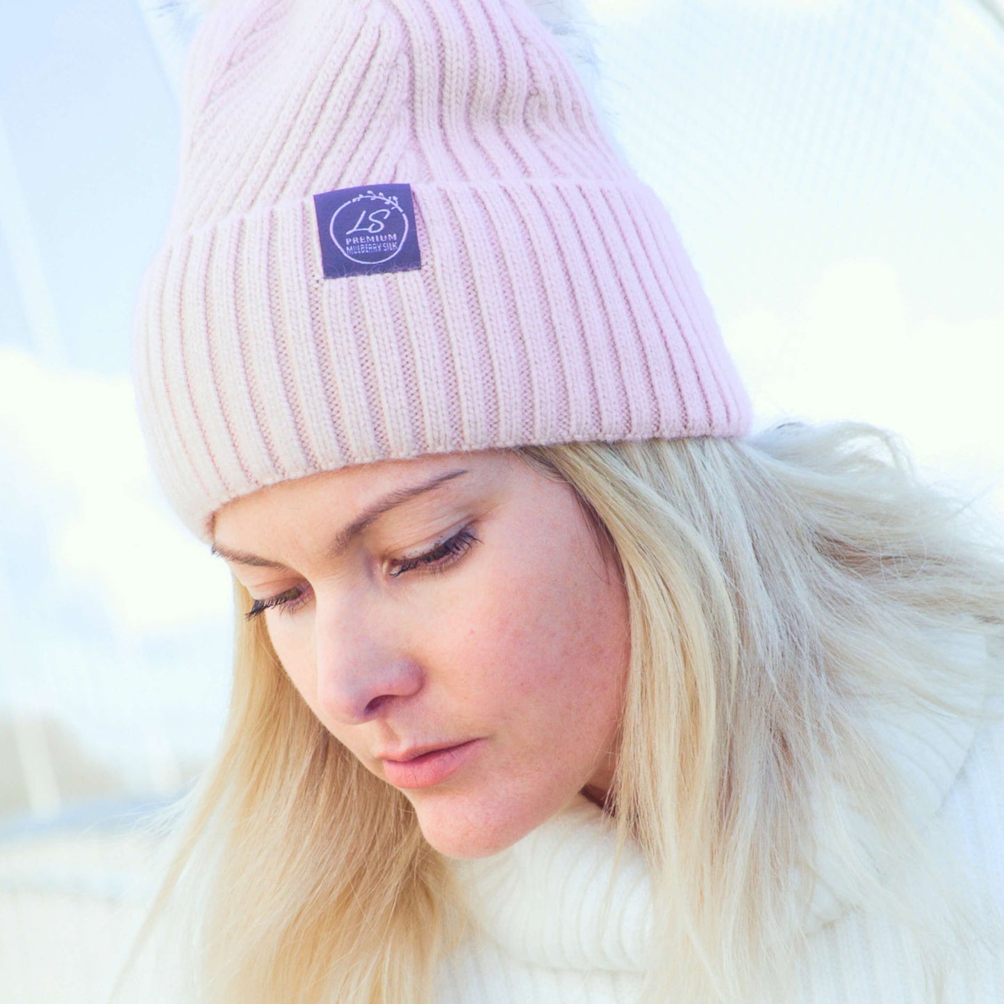 Mulberry Silk-Lined Slim Ribbed Beanie – Cashmere Blend with Removable Pom Pom -Pink