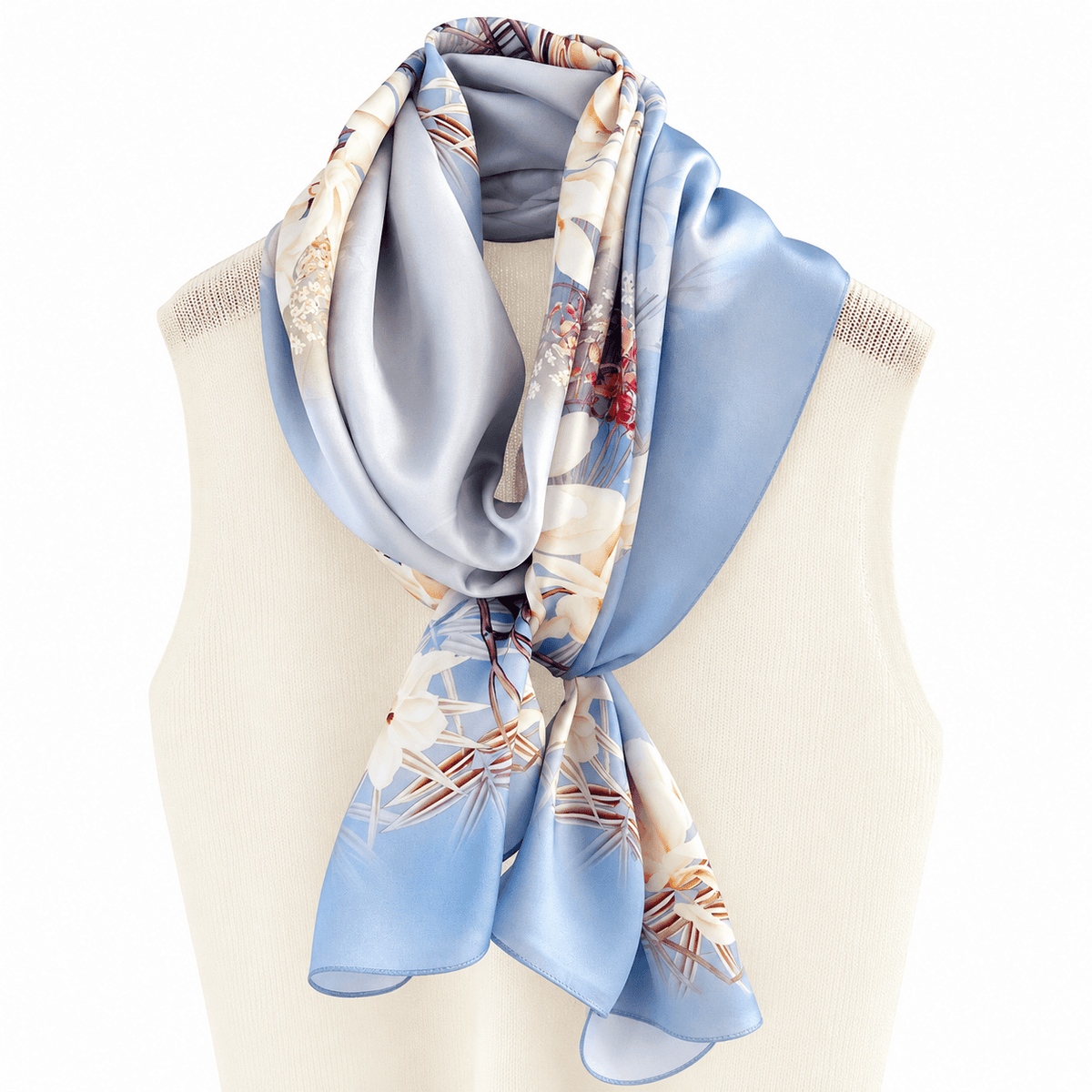 Blue Magnolia long mulberry silk scarf, view 2 – LS Silk