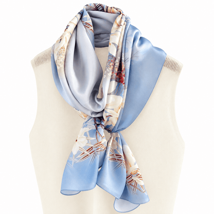Blue Magnolia long mulberry silk scarf, view 2 – LS Silk