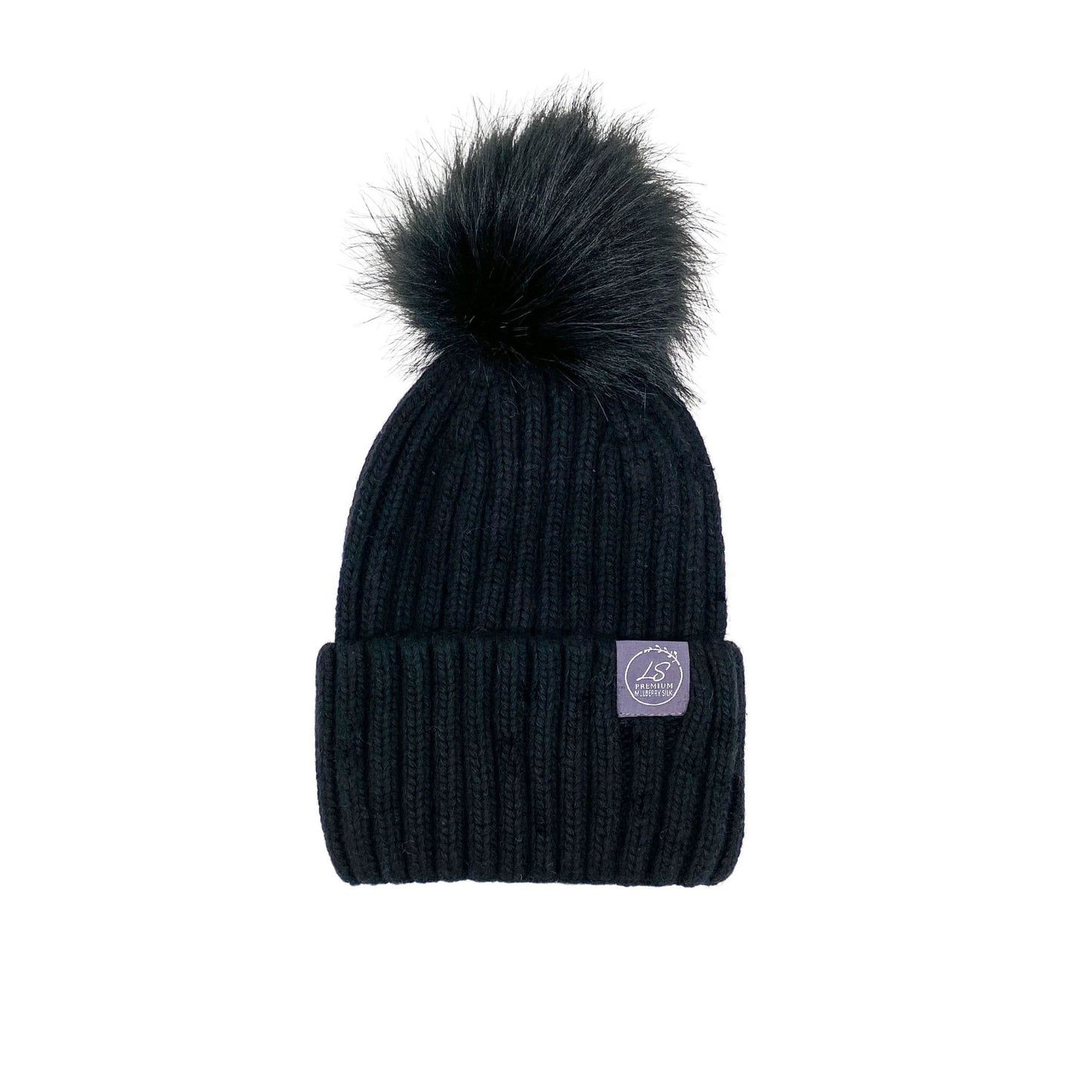 Mulberry Silk-Lined Classic Ribbed Beanie Hat – Cashmere Blend with Removable Pom Pom - Grey