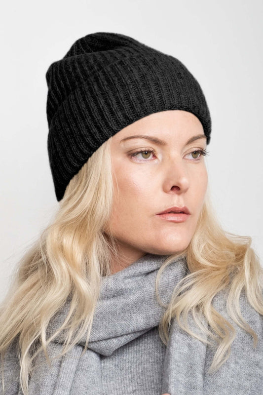 Cashmere Unisex Striped Beanie - Black