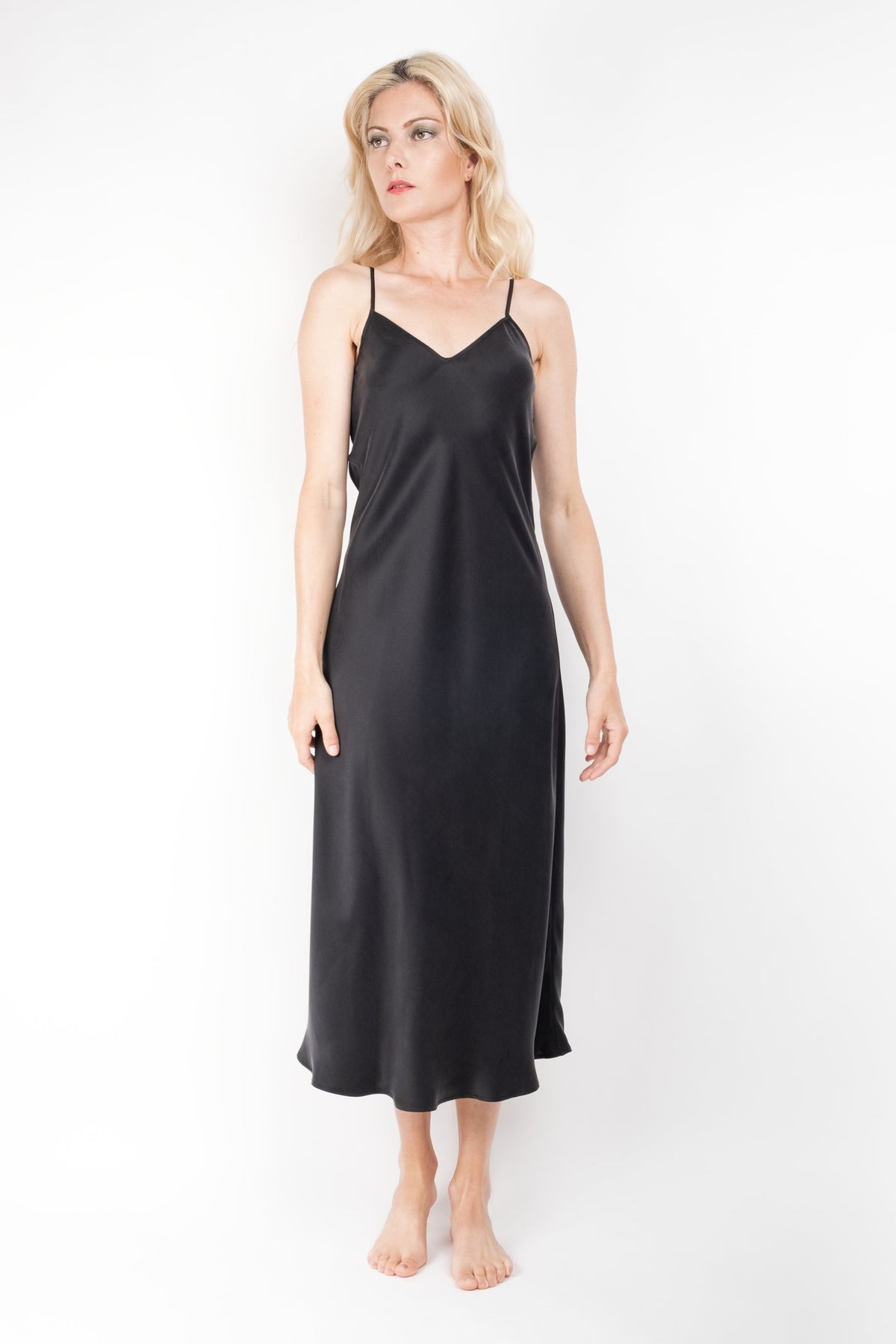Sand-washed mulberry silk slip dress in black, detail – LS Silk Australia