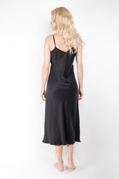 Black silk slip dress, hem and drape detail – LS Silk Australia