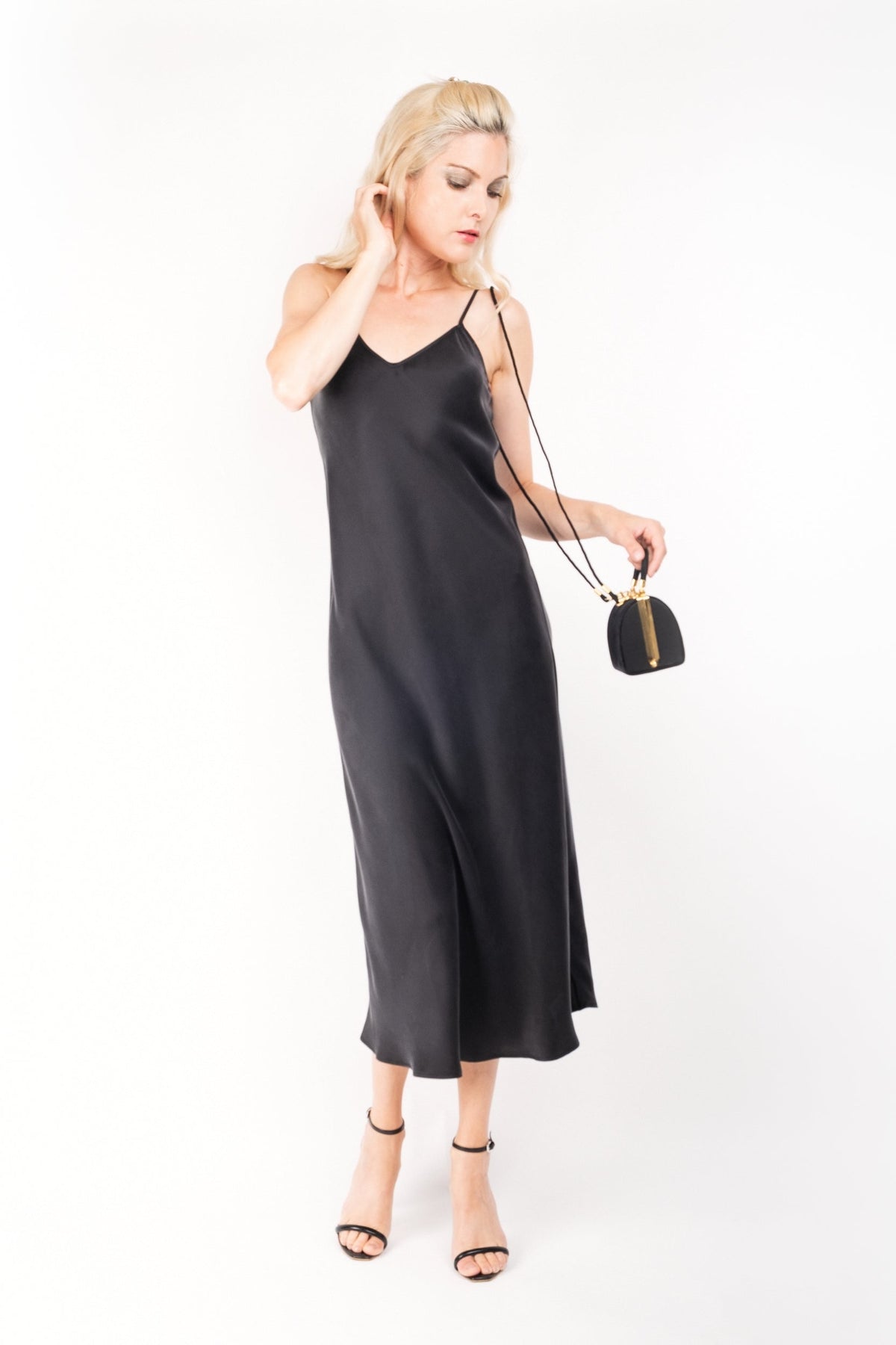 Midnight black silk slip dress, three-quarter view – LS Silk Australia