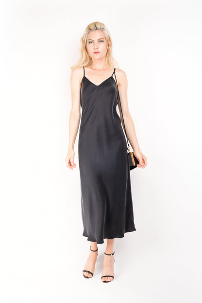 Midnight black silk slip dress, front – LS Silk Australia