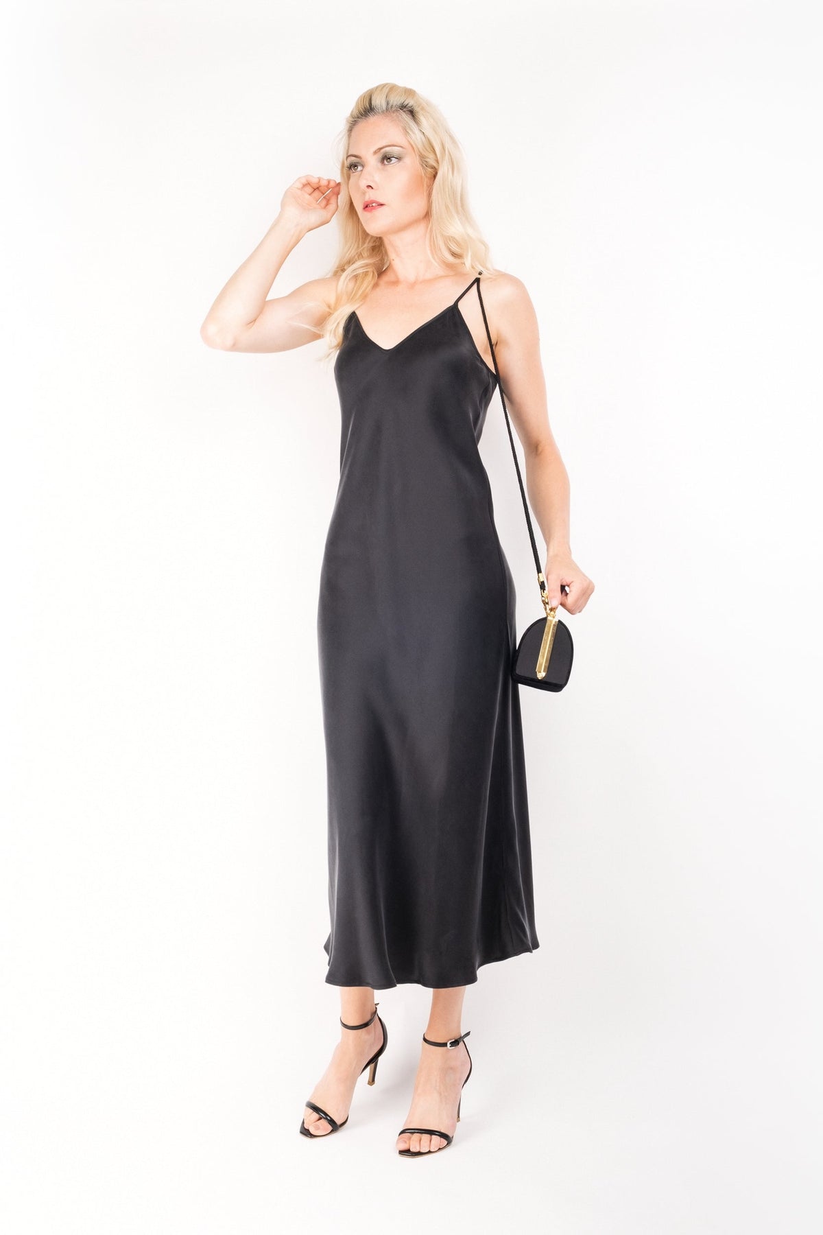 Midnight black silk slip dress, back with adjustable straps – LS Silk Australia