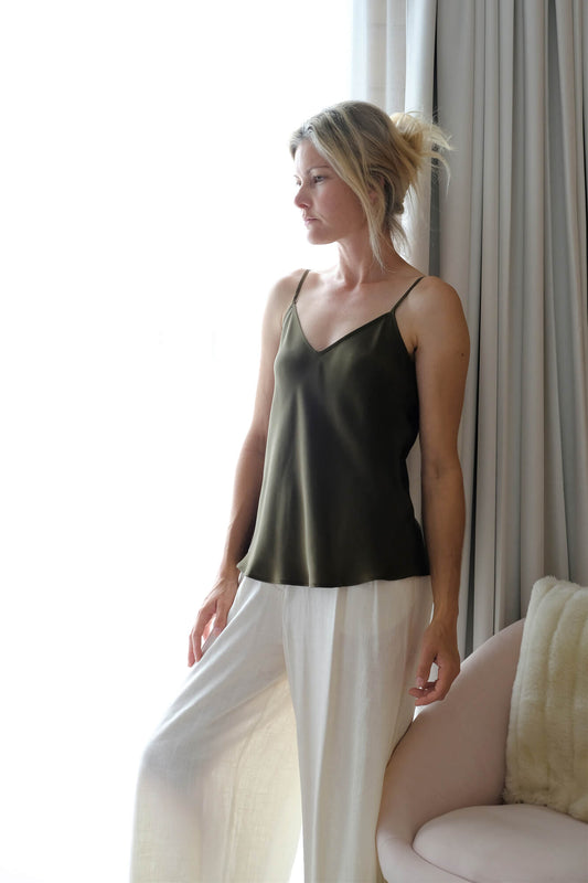 100% Mulberry Silk Camisole - Pine Green