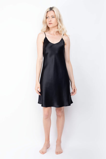100% Mulberry Silk Nightgown Spaghetti Strap Chemise Nightdress - Black - Lovesilk.co.nz