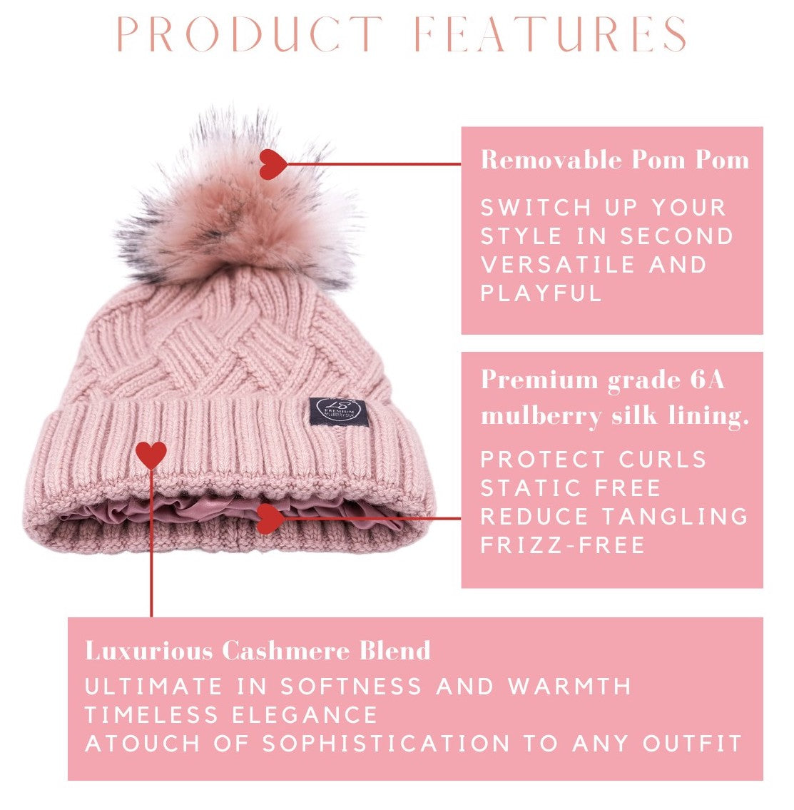 Mulberry Silk-Lined Slim Ribbed Beanie – Cashmere Blend with Removable Pom Pom -Pink