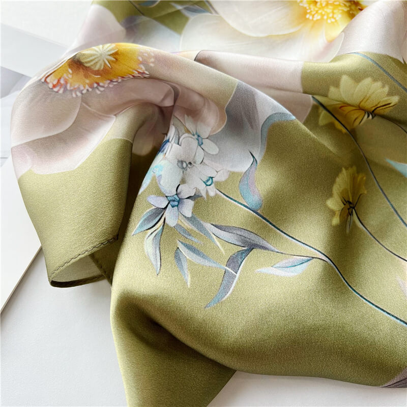 Olive Meadow long mulberry silk scarf, view 3 – LS Silk