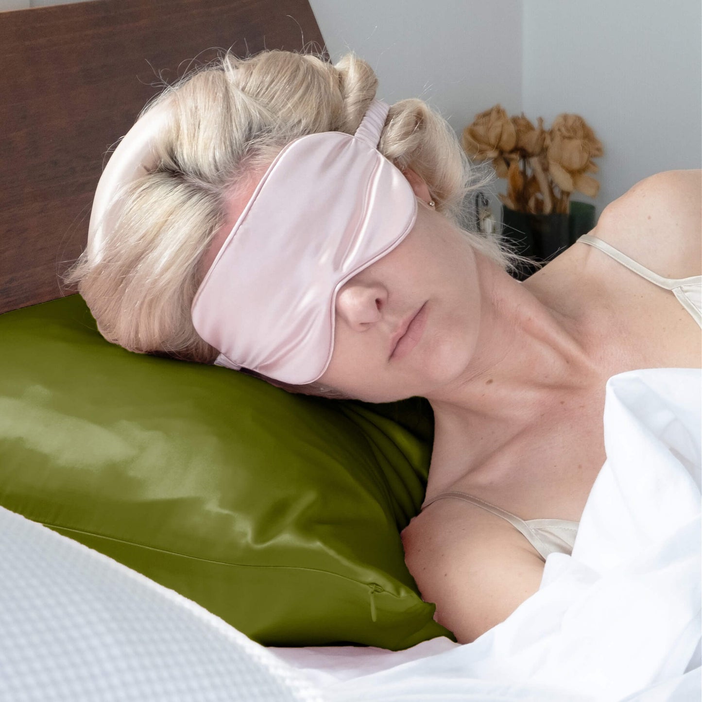 Olive Silk Pillowcase -  Queen Size, Zip Closure