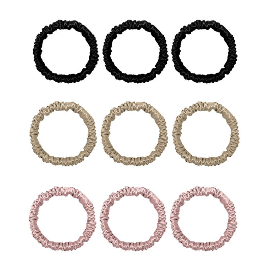 9 Value Pack Premium Mini Mulberry Silk Scrunchies - Black Champagne Pink