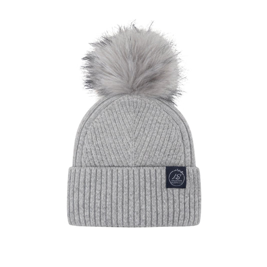 Mulberry Silk-Lined Slim Ribbed Beanie – Cashmere Blend with Removable Pom Pom -Grey