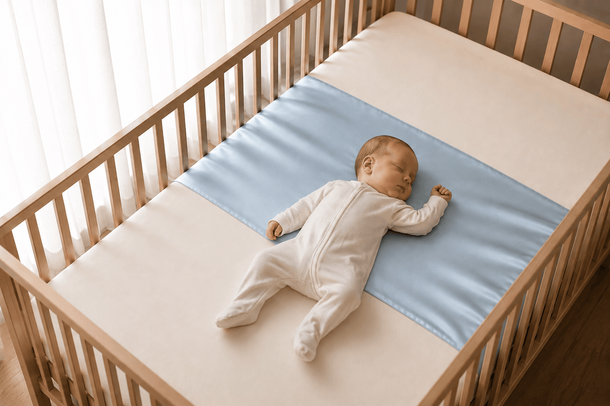 Baby asleep on their back on a sky blue silk cot sleeve in a wooden cot – LS Silk AU