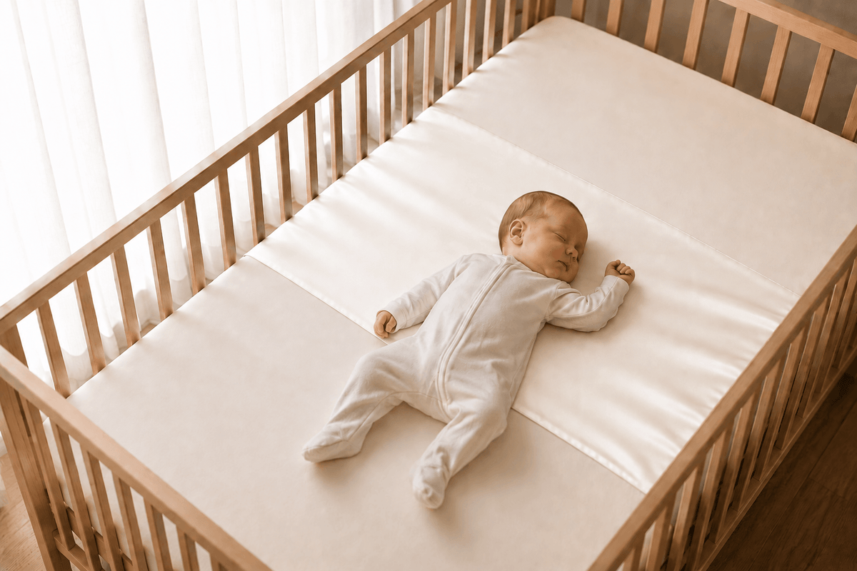 Baby asleep on their back on a pearl white silk cot sleeve in a wooden cot – LS Silk AU
