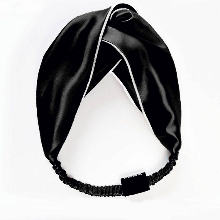 100% Mulberry Silk Elastic Twisted Headband - Black With White Piping - Lovesilk.co.nz