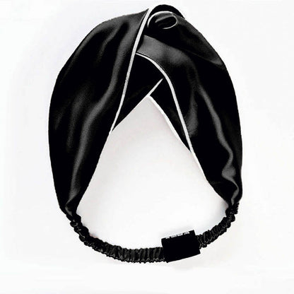 100% Mulberry Silk Elastic Twisted Headband - Black With White Piping - Lovesilk.co.nz