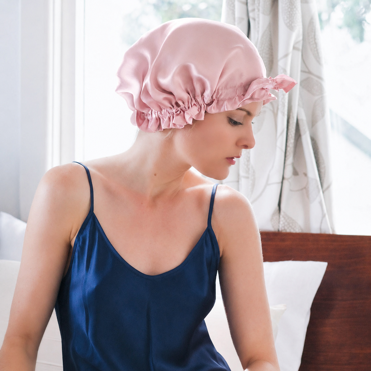 Large Double-Lined Adjustable Silk Hair Bonnet Turban - Blush Pink