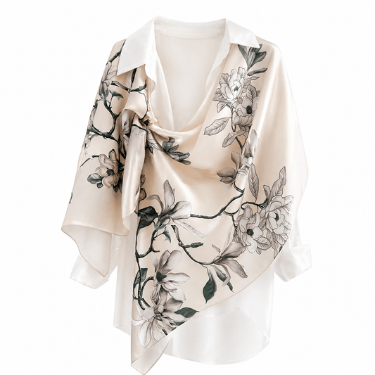 Moonlit Magnolia long mulberry silk scarf, view 2 – LS Silk