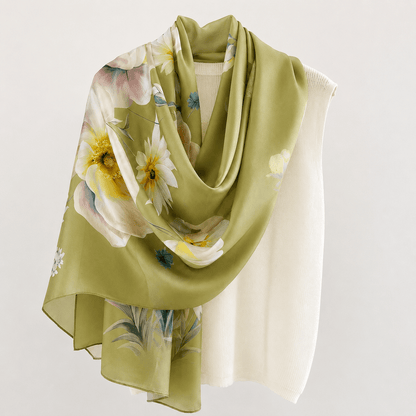 Olive Meadow long mulberry silk scarf, view 4 – LS Silk