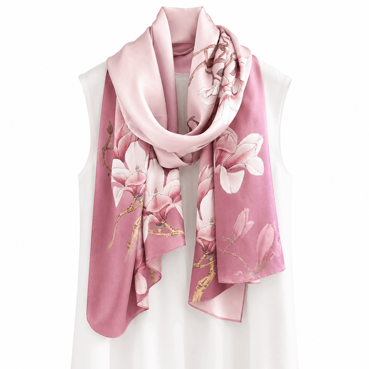 Magnolia Serenity long mulberry silk scarf, view 2 – LS Silk