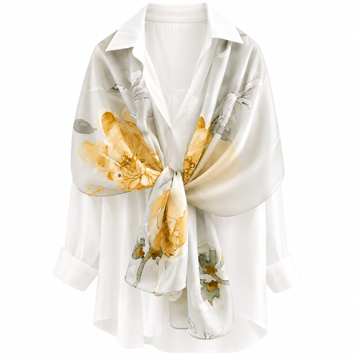 Golden Bloom long mulberry silk scarf, view 2 – LS Silk