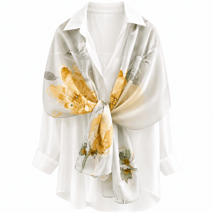 Golden Bloom long mulberry silk scarf, view 2 – LS Silk