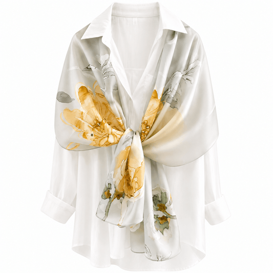Golden Bloom long mulberry silk scarf, view 2 – LS Silk