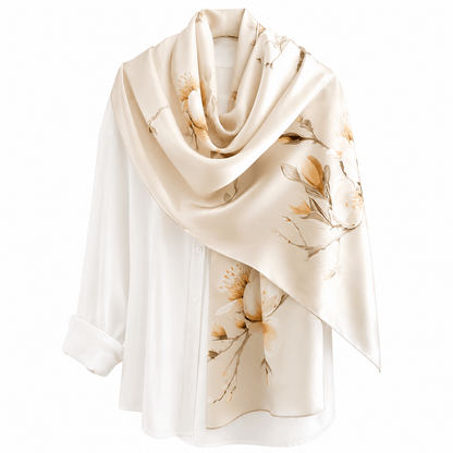Champagne Blossom long mulberry silk scarf, view 4 – LS Silk
