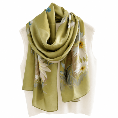 Olive Meadow long mulberry silk scarf, view 2 – LS Silk