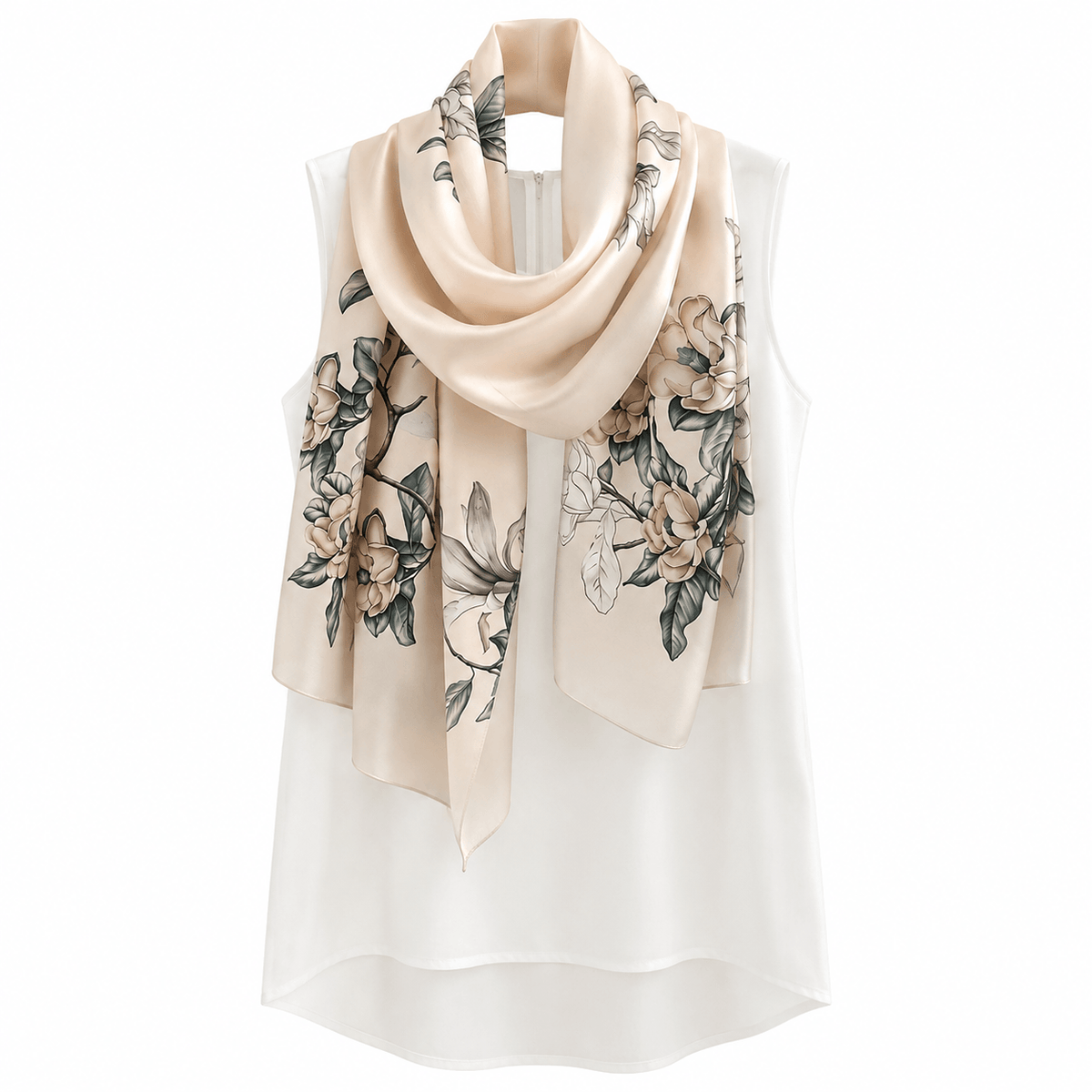 Moonlit Magnolia long mulberry silk scarf, view 3 – LS Silk