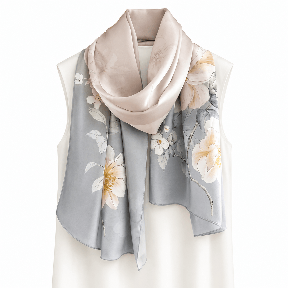 Smoke Camellia long mulberry silk scarf, view 3 – LS Silk