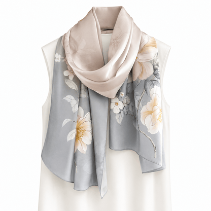 Smoke Camellia long mulberry silk scarf, view 3 – LS Silk
