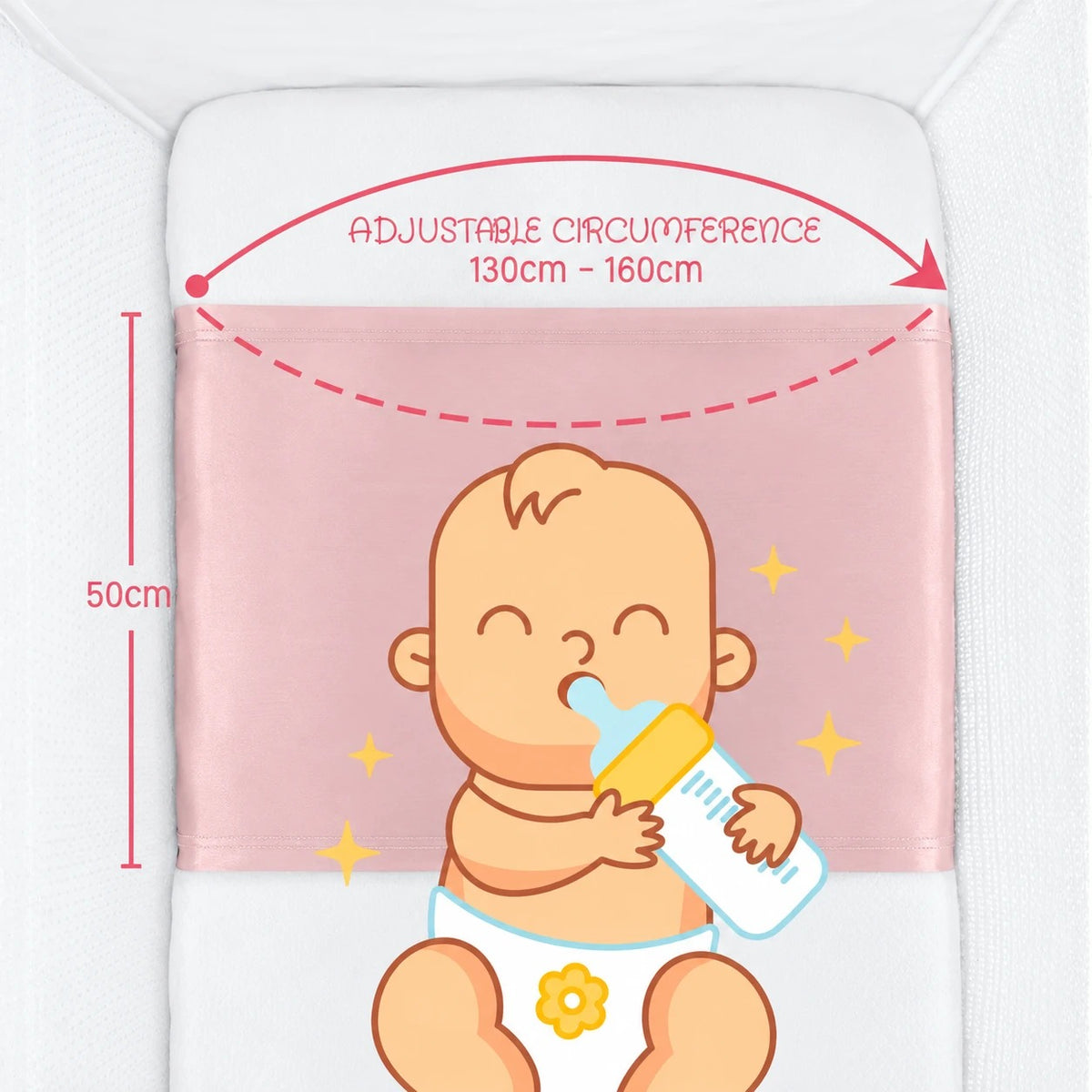 Silk cot sleeve size diagram: 50 cm silk panel, adjustable to fit mattress circumference 130–160 cm – LS Silk Australia