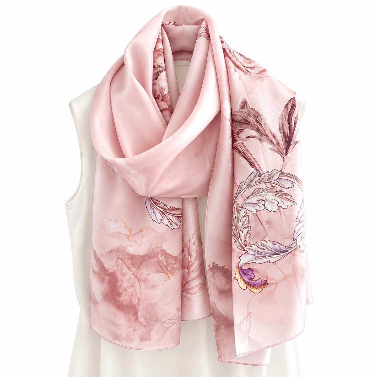 Rosewater Peony long mulberry silk scarf, view 4 – LS Silk