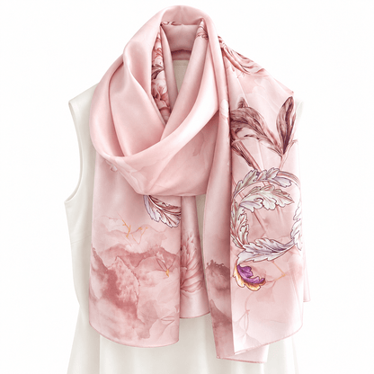 Rosewater Peony long mulberry silk scarf, view 4 – LS Silk