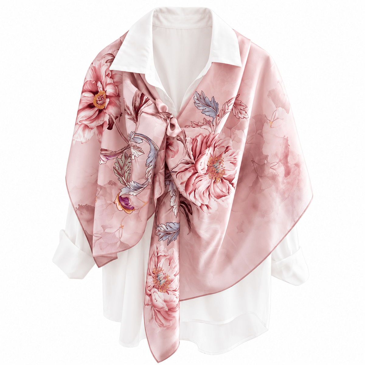 Rosewater Peony long mulberry silk scarf, view 2 – LS Silk