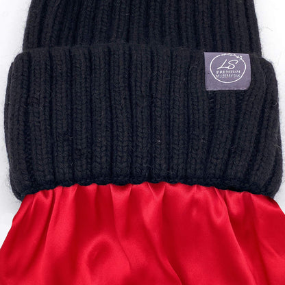 Mulberry Silk-Lined Classic Ribbed Beanie Hat – Cashmere Blend with Removable Pom Pom - Grey