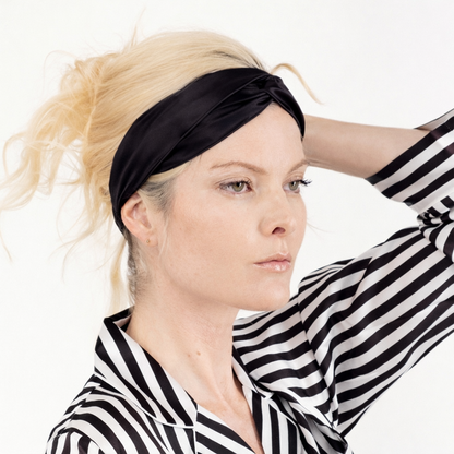 100% Mulberry Silk Elastic Twisted Headband - Black With White Piping