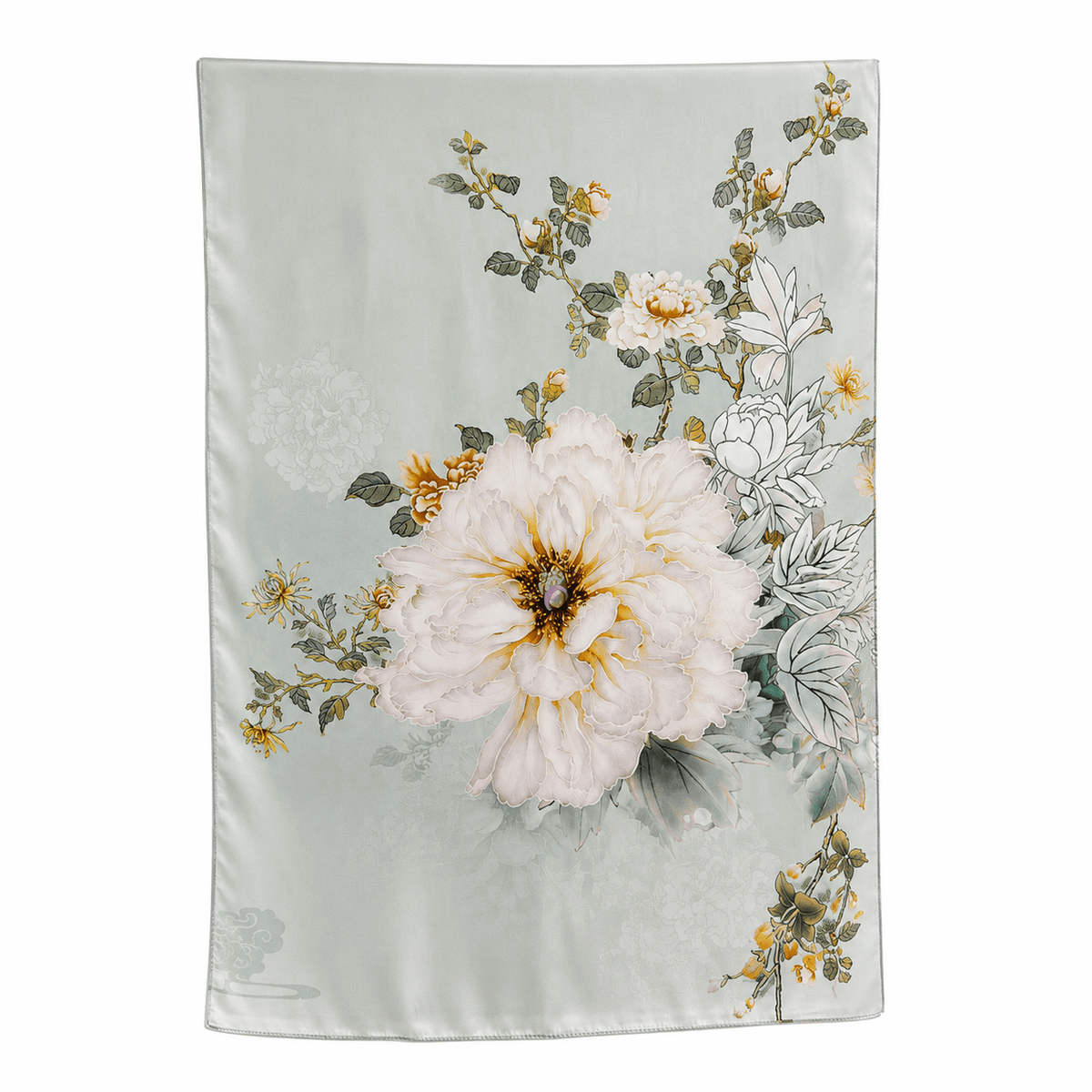Celadon Peony long mulberry silk scarf – LS Silk